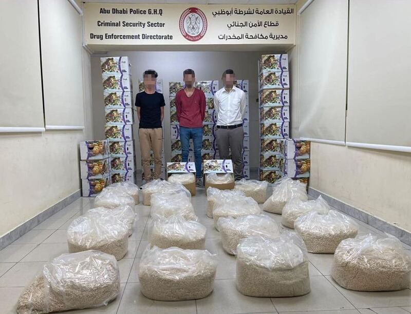 Three men who allegedly tried to smuggle more than 2.2 million Captagon tablets were arrested by Abu Dhabi Police last year, as drug flows continue throughout the region. Photo: Abu Dhabi Police