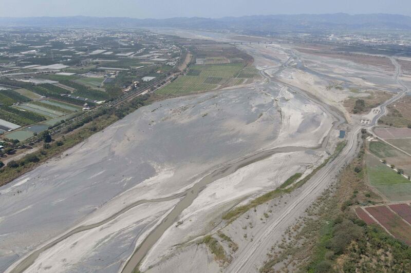 An aerial view of the dry Ai Liao River bed in Taiwan's Pingtung county. AFP
