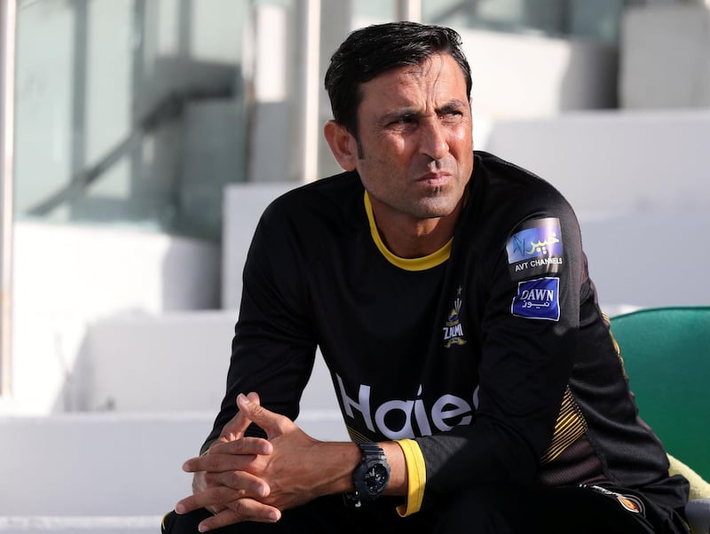 Abu Dhabi, United Arab Emirates - March 04, 2019: Peshawar Zalmi coach Younis Khan during the match between Peshawar Zalmi and Quetta Gladiators in the Pakistan Super League. Monday the 4th of March 2019 at Zayed Cricket Stadium, Abu Dhabi. Chris Whiteoak / The National