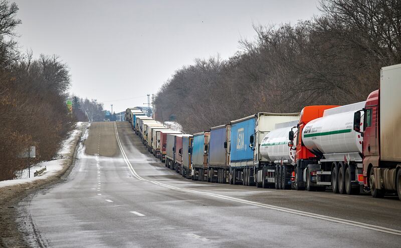 Lorries queue at the Goptivka border crossing between Ukraine and Russia, near the Eastern Ukrainian city of Kharkiv, amid growing tension.  EPA