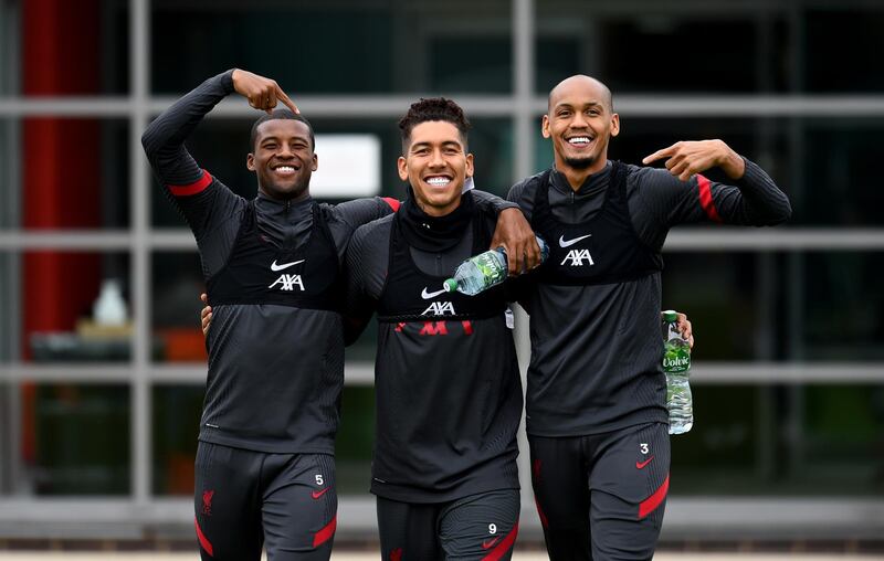 LIVERPOOL, ENGLAND - OCTOBER 02: (THE SUN OUT, THE SUN ON SUNDAY OUT) Georginio Wijnaldum, Roberto Firmino and Fabinho of Liverpool during a training session at Melwood Training Ground on October 02, 2020 in Liverpool, England. (Photo by Andrew Powell/Liverpool FC via Getty Images)