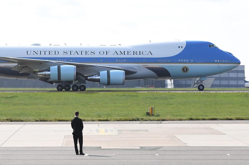 Air Force One lands at Stansted Airport in London, England. Getty