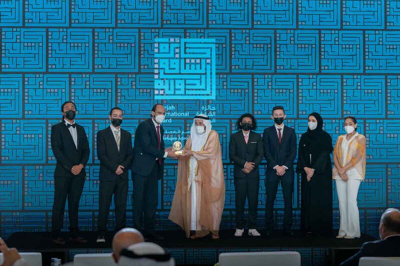 Sheikh Dr Sultan bin Muhammad Al Qasimi, Ruler of Sharjah, presents the Sharjah International Award for Refugee Advocacy and Support to Jordan's 7Hills. Photo: Sharjah Media Council