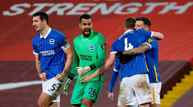 BRIGHTON PLAYER RATINGS: Robert Sanchez - 5. The Spaniard was in his comfort zone for most of the game but one strange excursion after a cross in the final quarter-hour could have cost his team dearly. Showed safe hands from a stoppage-time corner. AFP