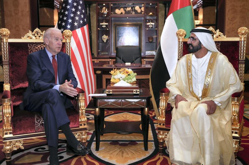 A handout image provided by United Arab Emirates News Agency (WAM) on March 8, 2016, shows UAE Prime Minister and Dubai Ruler Sheikh Mohammed bin Rashid al-Maktoum (R) meeting with US Vice President Joe Biden in Dubai. (Photo by STRINGER / various sources / AFP) / === RESTRICTED TO EDITORIAL USE - MANDATORY CREDIT "AFP PHOTO / HO / WAM" - NO MARKETING NO ADVERTISING CAMPAIGNS - DISTRIBUTED AS A SERVICE TO CLIENTS ===