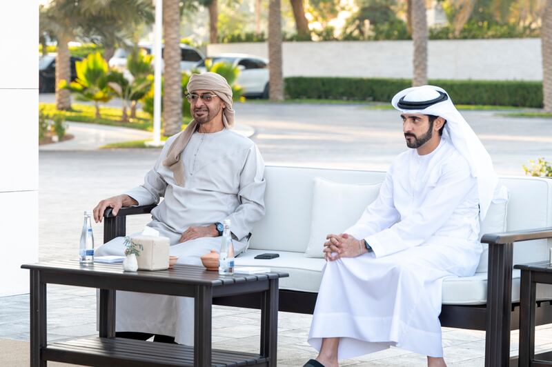 Sheikh Mohamed bin Zayed, Crown Prince of Abu Dhabi and Deputy Supreme Commander of the Armed Forces pictured with Sheikh Hamdan bin Mohammed, Crown Prince of Dubai. Ministry of Presidential Affairs