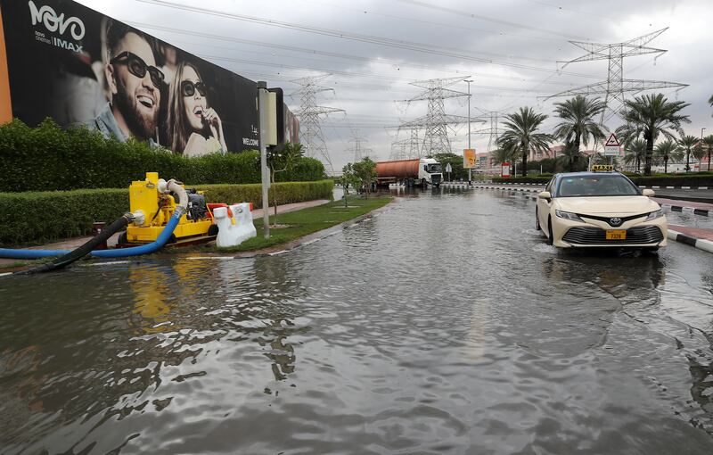 Water pumps installed to remove excess water near Ibn Battuta mall in Dubai. Pawan Singh / The National