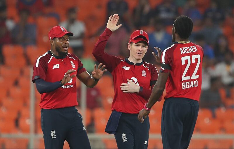 Jofra Archer of England celebrates after taking the wicket of Hardik Pandya. Getty