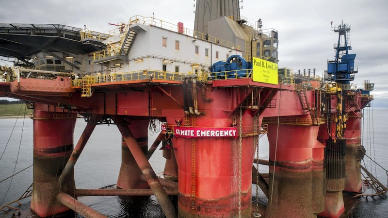 Greenpeace climbers on BP oil rig in Cromarty Firth, Scotland.
The rig is the 'Paul B Loyd Jr', owned by Transocean, and on its way to the Vorlich field where it was to be drilling new oil wells, operated by BP, paying £140,000 a day for its use. BP is the operator, Transocean the owner, the same as the Deepwater Horizon.