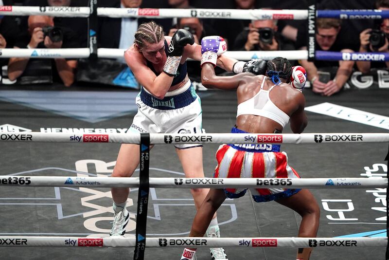 Savannah Marshall and Claressa Shields in action during their the Undisputed World Middleweight Titles bout. PA