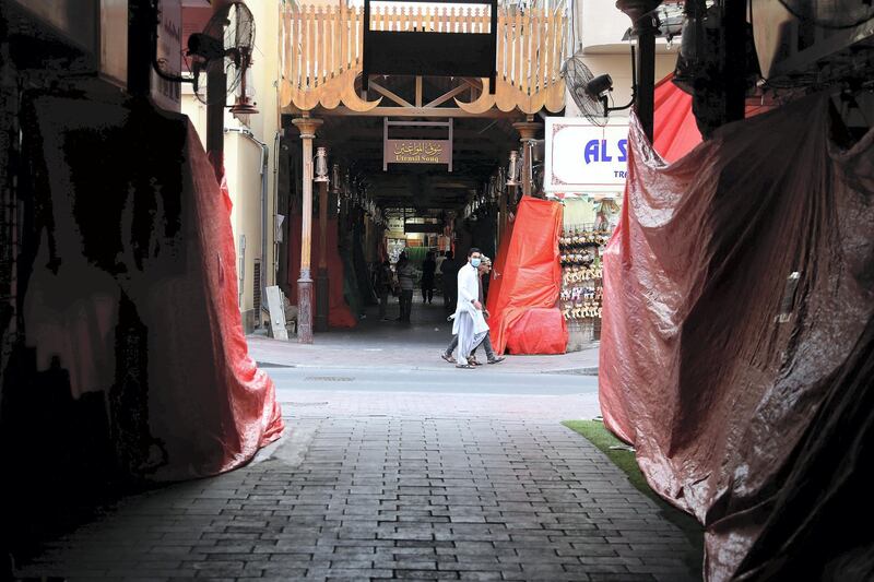 DUBAI, UNITED ARAB EMIRATES , March 24 – 2020 :- View of the closed shops at the Utensil Souq in Deira as people are staying home as a preventive measure against coronavirus in Deira Dubai. (Pawan Singh / The National) For News/Online/Standalone.