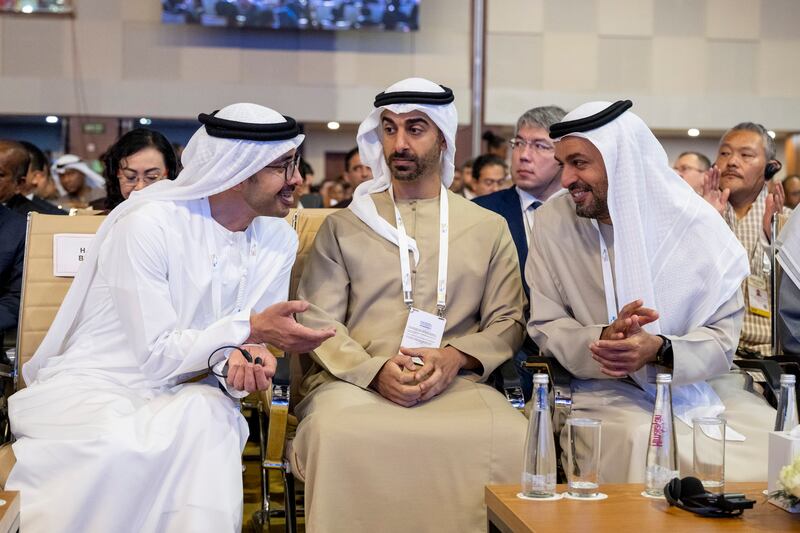 Sheikh Abdullah bin Zayed, Minister of Foreign Affairs, Sheikh Hamdan bin Mohamed, and Sheikh Mohammed bin Hamad during the conference. Photo: Mohamed Al Hammadi / UAE Presidential Court 