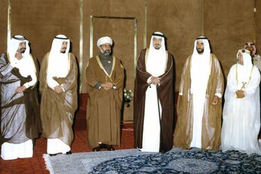 Sheikh Zayed with the Rulers of the GCC countries during the first summit in Abu Dhabi in 1981. National Archives