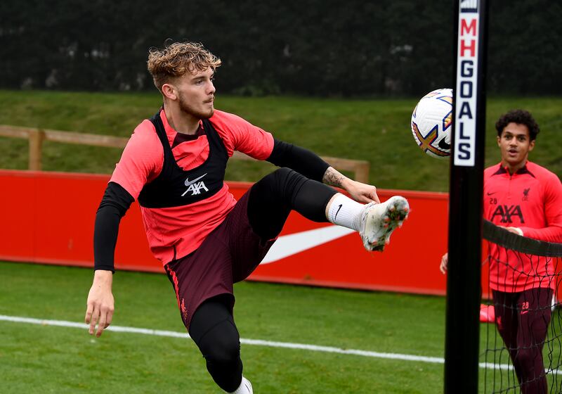 Harvey Elliott takes part in a game of foot tennis during training for the Manchester City clash. 