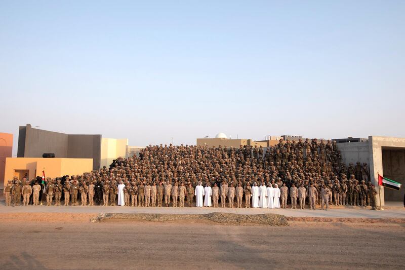 AL DHAFRA REGION, ABU DHABI, UNITED ARAB EMIRATES - June 26, 2019: HH Sheikh Theyab bin Mohamed bin Zayed Al Nahyan, Chairman of the Department of Transport, and Abu Dhabi Executive Council Member (front row 14th L), HE Lt General Hamad Thani Al Romaithi, Chief of Staff UAE Armed Forces (front row 22nd L), HRH Hussein bin Abdullah, Crown Prince of Jordan (front row 23rd L), HM King Abdullah II, King of Jordan (front row 24th L), HH Sheikh Mohamed bin Zayed Al Nahyan, Crown Prince of Abu Dhabi and Deputy Supreme Commander of the UAE Armed Forces (front row 25th L), HH Sheikh Tahnoon bin Mohamed Al Nahyan, Ruler's Representative in Al Ain Region (front row 26th L), HE Brigadier General Saleh Mohamed Saleh Al Ameri, Commander of the UAE Ground Forces (front row 28th L), HH Sheikh Diab bin Tahnoon bin Mohamed Al Nahyan (front row 32nd L), HE Mohamed Mubarak Al Mazrouei, Undersecretary of the Crown Prince Court of Abu Dhabi (front row 33rd L), HH Sheikh Mohamed bin Hamad bin Tahnoon Al Nahyan (front row 34th L) and HH Sheikh Zayed bin Mohamed bin Hamad bin Tahnoon Al Nahyan (front row 35th L), stand for a photograph with members of the UAE Armed Forces and the Jordanian Armed Forces, after a joint military drill, Titled ‘Bonds of Strength’, at Al Hamra Camp.

( Rashed Al Mansoori / Ministry of Presidential Affairs )
---