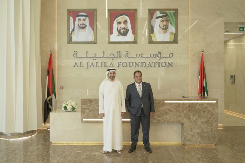 Moafaq Al Gaddah, right, pledged Dh10 million to Al Jalila Foundation for the Hamdan bin Rashid Cancer Charity Hospital. With him is Dr Abdulkareem Al Olama, chief executive of Al Jalila Foundation. Photo: Dubai Media Office