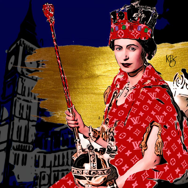 A composed queen wearing the crown and cloak with a red Louis Vuitton pattern created by visual artist Karen Bystedt.