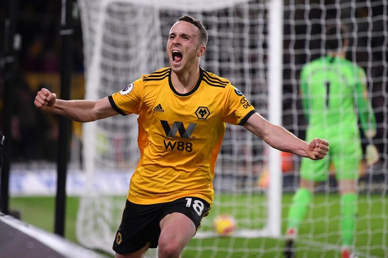 WOLVERHAMPTON, ENGLAND - DECEMBER 05:  Diogo Jota of Wolverhampton Wanderers celebrates after scoring his team's second goal during the Premier League match between Wolverhampton Wanderers and Chelsea FC at Molineux on December 5, 2018 in Wolverhampton, United Kingdom.  (Photo by Laurence Griffiths/Getty Images)