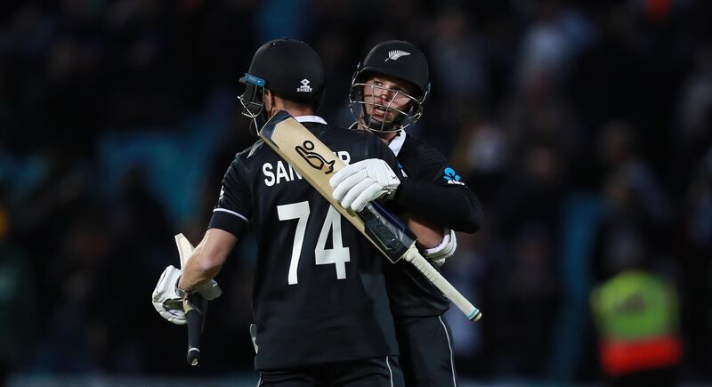 LONDON, ENGLAND - JUNE 05:  Mitchell Santner  (L) of New Zealand, who scored the winning run, celebrates with team mate Lockie Ferguson during the Group Stage match of the ICC Cricket World Cup 2019 between Bangladesh and New Zealand at The Oval on June 05, 2019 in London, England. (Photo by David Rogers/Getty Images)