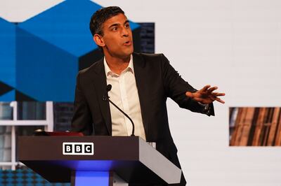 Candidate Rishi Sunak takes part in the BBC Conservative party leadership debate at Victoria Hall in Hanley. Reuters