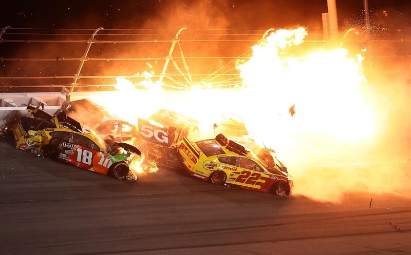 A fire breaks out during the crash at the at Daytona International Speedway. AFP