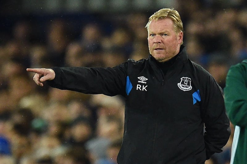 (FILES) In this file photo taken on October 19, 2017 Everton's Dutch manager Ronald Koeman gestures on the touchline during the UEFA Europa League Group E match between Everton and Lyon at Goodison Park, in Liverpool. 
Dutch former star player Ronald Koeman was on February 6, 2018 anointed coach of the national team, given the Herculean task of restoring the country's pride after a series of humiliating defeats. / AFP PHOTO / Oli SCARFF