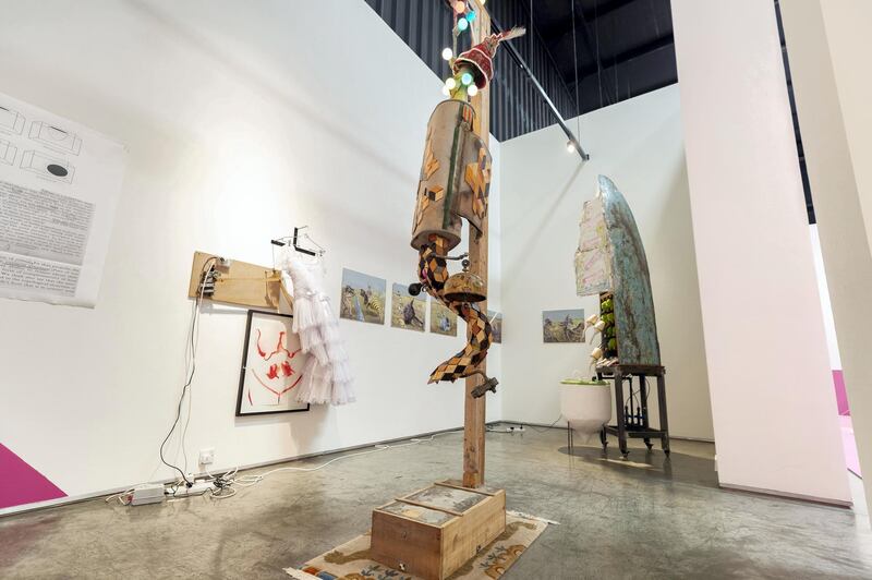 Dubai, United Arab Emirates - June 12, 2019:  Motherless Child (L), King above us all (M) and Macht Schön (R) as part of the ‘We Are Open for Installation’ exhibition. Work by artists Ramin Haerizadeh, Rokni Haerizadeh and Hesam Rahmanian. Wednesday the 12th of June 2019. Alserkal Avenue, Dubai. Chris Whiteoak / The National