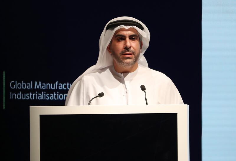 Badr Al Olama, head of Mubadala’s UAE clusters and of the GMIS Organising Committee, speaking at the opening ceremony of the Global Manufacturing and Industrialisation Summit in Dubai. Pawan Singh / The National