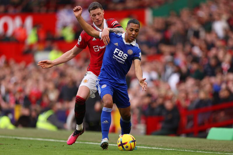 Youri Tielemans of Leicester City is put under pressure by Wout Weghorst of Manchester United. Getty