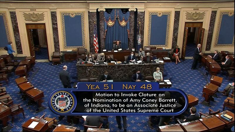 In this image from video, the vote total in the US Senate to advance the nomination of Supreme Court nominee Amy Coney Barrett for a final confirmation vote at the US Capitol in Washington.  AP