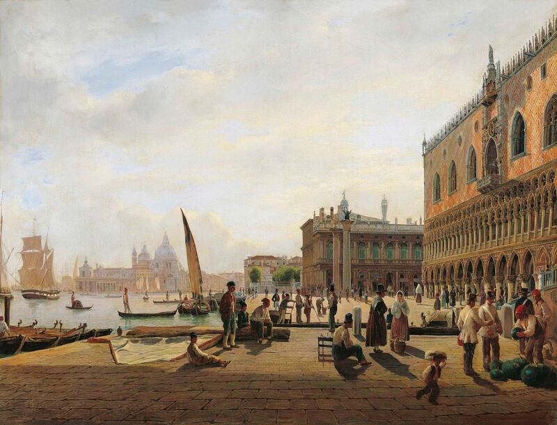 Alt Rudolf von (1812–1905)
Blick auf die Mole von Venedig mit Dogenpalast und Santa Maria della Salute
1835
Öl auf Leinwand, undoubliert
GE55

View of the Molo in Venice with the Doge's Palace and Santa Maria della Salute