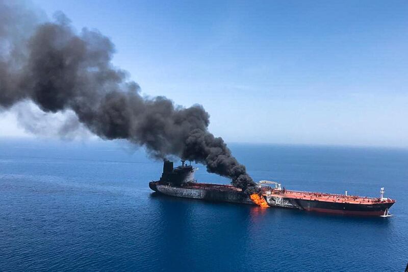 An oil tanker is on fire in the sea of Oman, Thursday, June 13, 2019. Two oil tankers near the strategic Strait of Hormuz were reportedly attacked on Thursday, an assault that left one ablaze and adrift as sailors were evacuated from both vessels and the U.S. Navy rushed to assist amid heightened tensions between Washington and Tehran. (AP Photo/ISNA)