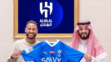 Neymar with chairman of the board of directors of Al Hilal, Fahad Bin Saad Bin Nafel, in Paris, France, after completing his move to Al Hilal. Reuters