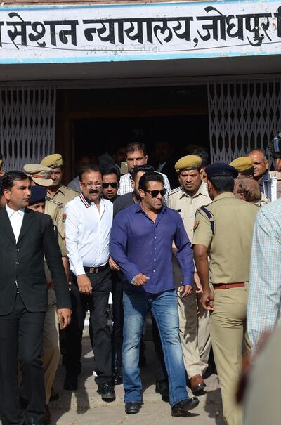 Indian Bollywood actor Salman Khan comes out of court in Jodhpur on May 7, 2018.
Indian movie star Salman Khan managed to avoid the spotlight when he returned to court on May 7 over a five-year jail sentence he received for killing rare antelopes. / AFP PHOTO / STR