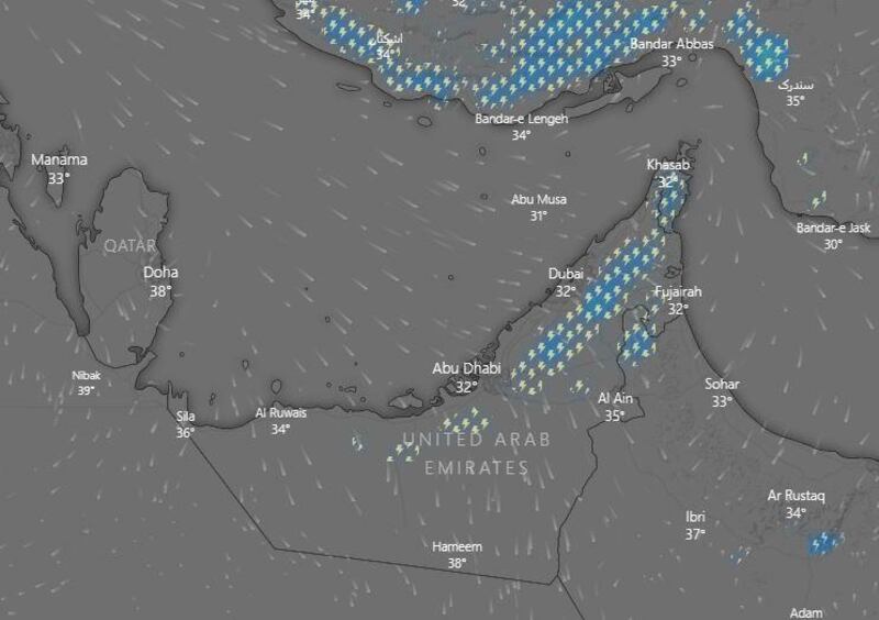 A screengrab from Thursday afternoon shows a band of rain sweeping across the UAE from the East. Courtesy Windy.com