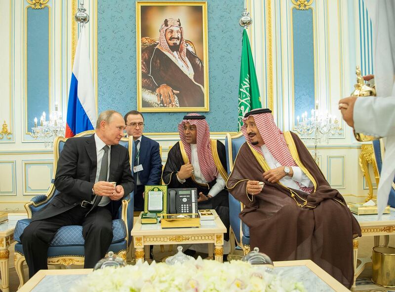 Saudi King Salman bin Abdulaziz, right, meets with Russian President Vladimir Putin, left, at the Saudi Royal palace in Riyadh, Saudi Arabia. EPA