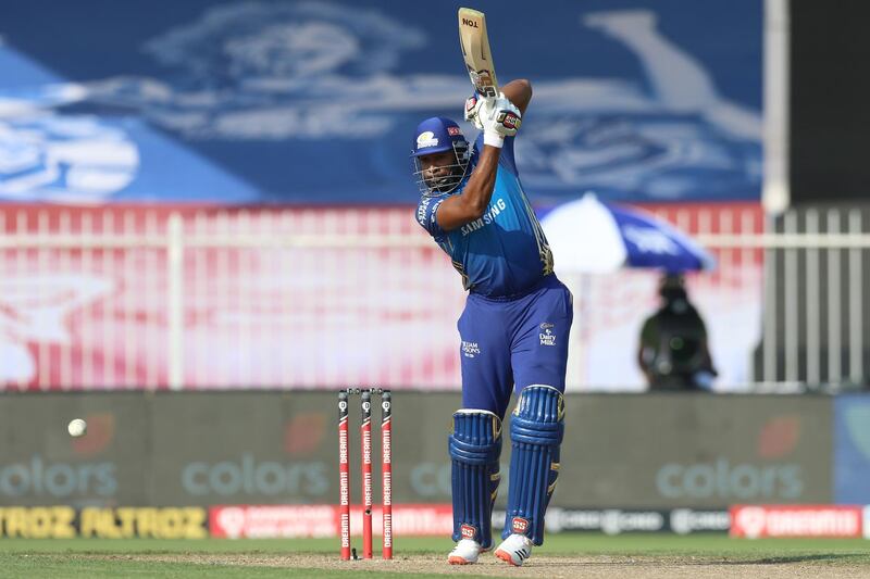 Kieron Pollard of Mumbai Indians bats during match 17 of season 13 of the Dream 11 Indian Premier League (IPL) between the Mumbai Indians and the Sunrisers Hyderabad held at the Sharjah Cricket Stadium, Sharjah in the United Arab Emirates on the 4th October 2020.
Photo by: Deepak Malik  / Sportzpics for BCCI
