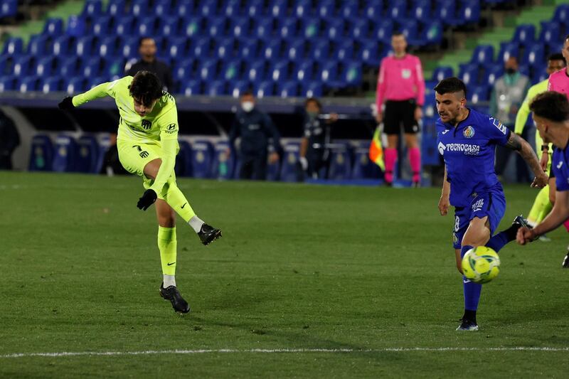 Atletico Madrid's striker Joao Felix shoots at goal during their goalless draw at Getafe on March 13