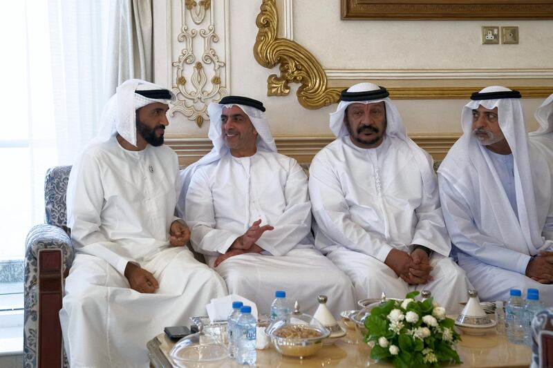 ABU DHABI, UNITED ARAB EMIRATES - June 17, 2019: (L-R) HH Sheikh Nahyan Bin Zayed Al Nahyan, Chairman of the Board of Trustees of Zayed bin Sultan Al Nahyan Charitable and Humanitarian Foundation, HH Lt General Sheikh Saif bin Zayed Al Nahyan, UAE Deputy Prime Minister and Minister of Interior, HH Sheikh Saeed bin Mohamed Al Nahyan and HH Sheikh Nahyan bin Mubarak Al Nahyan, UAE Minister of State for Tolerance, attend a Sea Palace barza.

( Mohamed Al Hammadi / Ministry of Presidential Affairs )
---