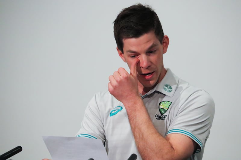 Tim Paine speaks to the media during a press conference at Bellerive Oval in Hobart to announce his resignation as Australia Test captain. EPA