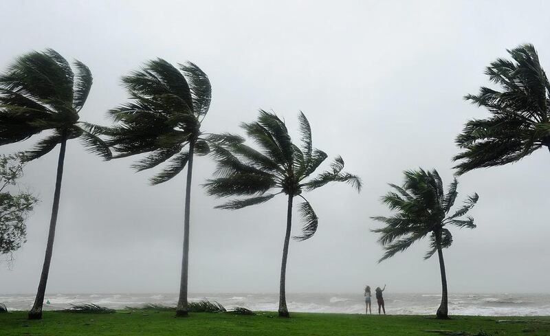 Tourists are seen standing in high winds among palm trees in Port Douglas, Australia The cyclone crossed the coast of Cooktown overnight with winds reaching nearly 300km/h and was downgraded from a category five to category one. Ian Hitchcock / Getty Images