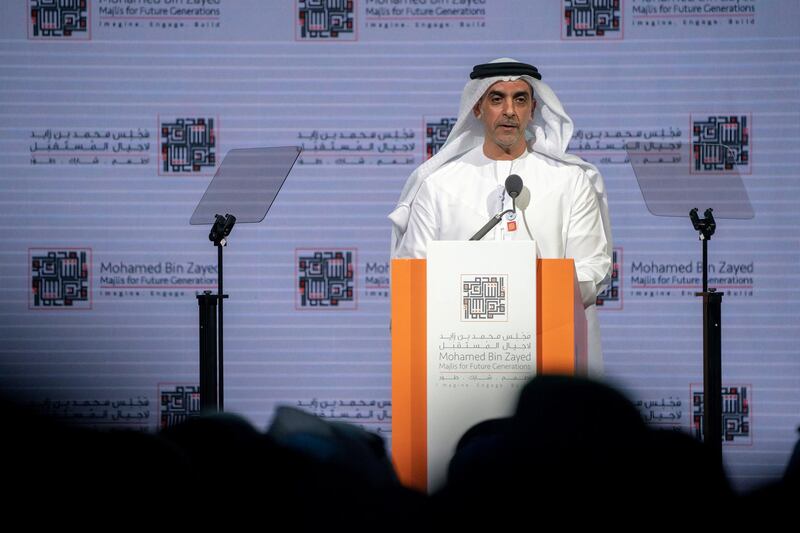 ABU DHABI, UNITED ARAB EMIRATES - October 09, 2018: HH Lt General Sheikh Saif bin Zayed Al Nahyan, UAE Deputy Prime Minister and Minister of Interior (C), delivers a speech during the Mohamed Bin Zayed Majlis for Future Generations summit, at Abu Dhabi National Exhibition Centre (ADNEC).

( Hamad Al Kaabi / Crown Prince Court - Abu Dhabi )
---