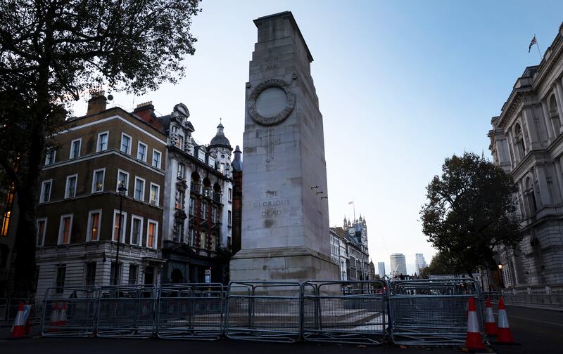 The fenced-off Cenotaph war memorial at Whitehall in London. EPA