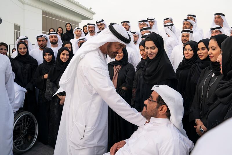 ABU DHABI, UNITED ARAB EMIRATES - January 07, 2019: HH Sheikh Mohamed bin Zayed Al Nahyan, Crown Prince of Abu Dhabi and Deputy Supreme Commander of the UAE Armed Forces (C), speaks with members of the Host Town committees of the Special Olympics World Games Abu Dhabi 2019, at the Sea Palace barza.
( Mohamed Al Hammadi / Ministry of Presidential Affairs )
---