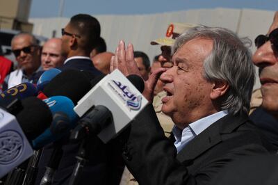 UN Secretary General Antonio Guterres speaks as he visits the Rafah border crossing between Egypt and the Gaza Strip on Friday. Reuters
