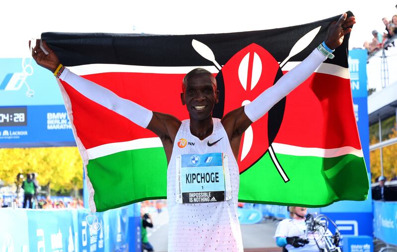 Eliud Kipchoge celebrates after winning the Berlin Marathon. Reuters