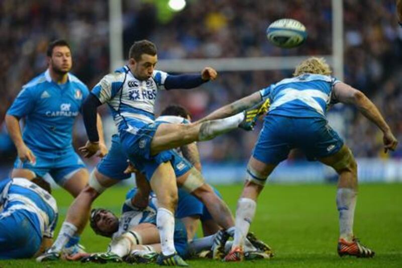 Scotland's Greig Laidlaw boots the ball from the scrum during the Six Nations match against Italy at Murrayfield.