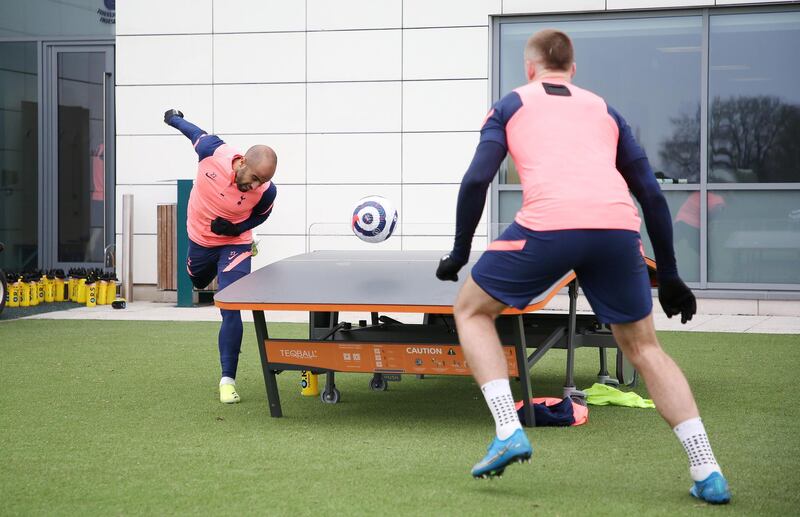 ENFIELD, ENGLAND - MARCH 02: Lucas Moura and Eric Dier of Tottenham Hotspur during the Tottenham Hotspur training session at Tottenham Hotspur Training Centre on March 02, 2021 in Enfield, England. (Photo by Tottenham Hotspur FC/Tottenham Hotspur FC via Getty Images)