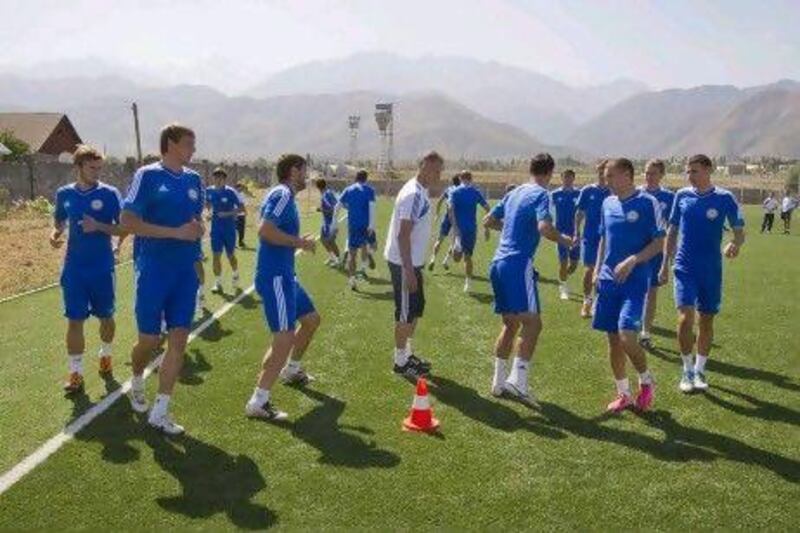 Kazakhstan’s football team in a training session at their base in the town of Talgar ahead of last night’s match against Northern Ireland.