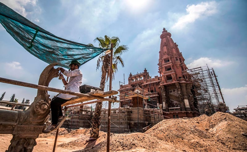 Restoration works ongoing at the historic "Le Palais Hindou" (also known as the "Baron Empain Palace") built by in the early 20th century by Belgian industrialist Edouard Louis Joseph, Baron Empain, in the classical Khmer architectural style of Cambodia's Angkor Wat, in the Egyptian capital Cairo's northeastern Heliopolis district.  AFP
